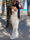 Yipinpay Summer Stone Strappy Crochet Knitted Long Dress Women Sexy See Through Beach Sundress Femme Sleeveless Party Vestidos