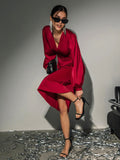 Yipinpay Party Elegant Women Red Dress Lantern Long Sleeve V-Neck Evening Midi Dress Ruched Sexy Ladies Satin Dresses 2023