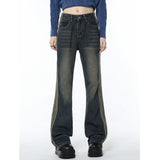 yipinpay Blue Jeans Women Stripe American Fashion Streetwear Bottoms Wide Leg Jean Female Baggy Trouser Straight Denim Pants