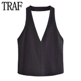 Yipinpay White Halter Top Female Off Shoulder Crop Tops For Women Sexy Sleeveless Backless Top Woman Tied Streetwear Summer Tops