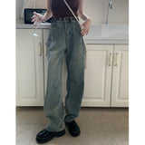 yipinpay High Waist Women Jeans American Fashion Vintage High Street Streetwear Wide Leg Jean Female Denim Trouser Baggy Denim Pants