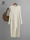 Yipinpay Autumn Skinny Knitted Dress Female O Neck Split Outerwear Fashion Korean Style Office Lady Solid Slim Sweater Dress
