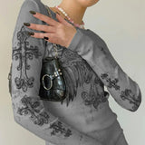 Yipinpay Women Vintage Y2K Grunge T-shirt Long Sleeve O Neck Gothic Cross Angel Wings Printed Retro Rhinestone Slim Fit Tops