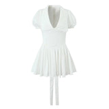 Yipinpay Summer Women Vintage Puff Sleeve Lapel Collar White Mini Dress Tie Bow Sashes Pleated Hem Female Cotton Robe