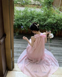 Yipinpay Sweet Dresses Women Bow Bandage French Style Chic Sleeveless Elegant Loose Summer New Female Dress Pink Chic