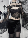 Yipinpay Goth Long Sleeve Smock Vintage Black Lace One Shoulder Grudge Aesthetic Overall Y2K Luxury Coquette Party Sexy Top