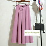 Yipinpay Women Vintage Suit Skirt With Belt Elegant Korean 2023 Casual Fashion Elastic Waist A-line Midi Skirts Office Ladies