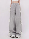Yipinpay Women's Grey Lace Lace-up Pants Vintage Y2k Harajuku 90s Aesthetic Sweatpants Retro High Waist Wide Trousers 2000s Clothes 2024