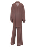 Yipinpay Brown Suits Womens Fashion Two Piece Set Female Office Pantsuits Solid Loose Long Shirt And Pants Female Set Pockets