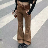 Yipinpay Hop High Waist Jeans Women Brown Vintage Denim Jeans Female Long Flared Jeans Belt Streetwear Bell Bottom Jeans Woman