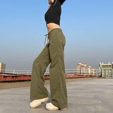 Yipinpay Women's Pocket Casual Pant Vintage Fashion Self Cultivation Low Rise Waist Straight Drawstring Trouser Simple Casual Cargo Pants