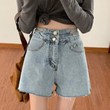 Yipinpay Fashion Women's Denim Shorts High Waisted For Summer Solid Raw Edge Korean Version Casual Hollow Out Wide Leg Jean Pants