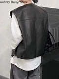 Yipinpay Fashion Black Leather Vest Women High Street Punk Sleeveless Leather Jacket Female 2023 New Loose Casual Vest Outerwear
