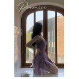 yipinpay Summer Women's Dress Sexy Fashion Suspender Short Irregular Skirt Dress Purple Shoulder Backless Chiffon Dresses for Women
