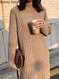 Yipinpay Vintage Long Knitted Dress Women Autumn Elegant Warm Black Sweater Dress Female Casual Bodycon Chic Fashion Y2k Dress New