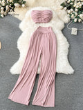 Yipinpay Korean Style Hotsweet Sets Sexy Strapless Short Tops+Basics High Waist Split Wide Leg Pants Fashion Casual Beach Suits