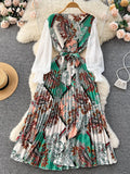 Yipinpay Ethnic Style Print Dress Women Spring New Fashion Puff Sleeve Lace-up Design Sheath 2024 Retro A-Line Long Dress