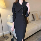Yipinpay De Mujer Elegantes Spring Elegant Simple Lapel Neck Side Buckle Waist Wrapped Long Sleeve Chiffon Dress Women
