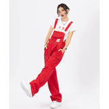 yipinpay Womens Red Vintage Suspender Jeans Fashion Pocket Baggy Wide Leg Pants Streetwear Casual Straight Denim Trouser Ladies Summer