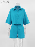 Yipinpay White Cotton Linen Shorts Sets 2-Piece Street Outfits Short Sleeve Shirt And Wide Leg Shorts Summer 2023 Ladies Suit