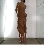 Yipinpay Ruffle Strapless Dress Summer Women Sexy Split Slim Fringe Dresses Elegant Sleeveless Backless Vacation Club Party Outfits