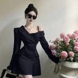 Yipinpay Chic Fashion Elegant Temperament Off Shoulder Dresses Spring 2023 Irregular Slim Button Up Blazer Vestidos Mujer Dress