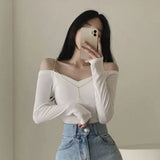 Yipinpay for Women 2023 Sexy Slash Neck Long Sleeve White Off Shoulder Chain Tshirt Ropa Mujer Graphic T-shirts Y2k Top Camisetas