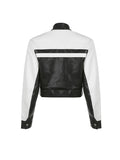 Yipinpay Women Gothic PU Leather Jacket Contrast Color Stand Collar Long Sleeve Zip-up Crop Top Bomber Coat Cool Racing Outwear