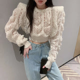 Yipinpay Thin Cutout Puff Sleeve White Twist Sweaters for Women 2023 Knitted Top Sueters Mujer Jumper Pullover Shirts Sweater
