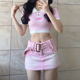 Yipinpay Pink Sexy Girl Jean Skirt Women Summer Y2k Belt Cute Low Waist A-line Slim Denim Mini Skirt Korean Style Streetwear