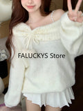 Yipinpay Winter Korean Women Knitted Sweaters Off Shoulder Pearl Long Sleeves Sweet Pullovers Female Fashion Lazy Style Knitwear