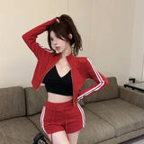 Yipinpay Sports Style Suit Women's Summer Long-sleeved Hooded Zipper Coat High Waist Shorts Casual Two-piece Set Female Clothes