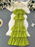 Yipinpay 2024 Women Hotsweet Chiffon Sundress Strap Cake Backless Sheath Bodycon Long Dress Vacation Retro Elastic Beach Dress