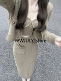 Yipinpay Knitted 3 Piece Set Woman Fashion Suit Casual Sweater Cardigan + Sexy Vest + Slim Bodycon Midi Skirt Office Lady 2024