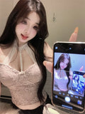 Yipinpay Hot Girl Lace Sexy Halter Neck Camisole Women's Autumn Slim Fit Mesh Bottoming Strap Short Top Fashion Female Clothes