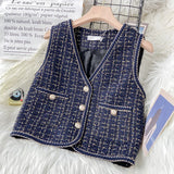 Yipinpay Women New Autumn Tweed Elegant Vintag Vest V-neck Sleeveless Slim Pockets Waistcoat Ladies Fashion Womens Short Small Vest