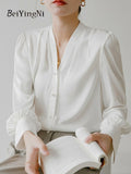 yipinpay Elegant Luxury White Shirts Women Plain Buttons French Loose Casual Loose Tops Female Blouses V-neck Korean Blusas