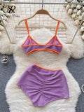 Yipinpay Fashion Vacation Shiny Swimsuits Women Strap Backless Camisole+Elastic Waist Shorts Sexy Bikini Beach Two Pieces Suits