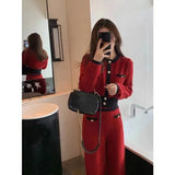 Yipinpay White Wide Leg Pants Suits Vintage Fall O Neck Red Cardigan Knitwear Sweaters Korean Fashion Two Piece Sets Coat