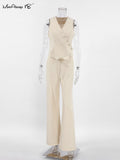 Yipinpay Office 2 Pieces Button Cotton Pants Suits Blazers Vest Wide Leg Trousers Women Linen Outfits Summer Pants Two Pieces