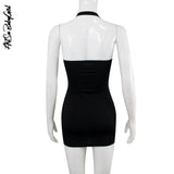 yipinpay Dresses Off Shoulder Mini Dress Halter Neck Festival Outfits Streetwear Y2k Solid Sleeveless Black Dress Women's Clothing