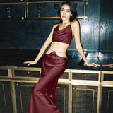 Yipinpay Backless Womens Long Skirt Set Sleeveless Halter Shiny Rhinestone Tops + High Waist Long Skirt Party Set Club Street Style