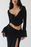 Yipinpay Womens Summer Skirt 2Pcs Suit Solid Color Long Sleeved Ruffled V-Neck Cropped Tops + Low Waist Fish Tail Slit Long Skirt 0407
