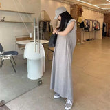 Yipinpay Loose Shoulder Pad Cut Out Backless Sleeveless Vest Dress Women Casual Vestidos Midi Grey T-shirt Dress Lady