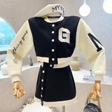 Yipinpay Embroidered Letter Coat Short Bomber Jackets Patchwork Contrast Mini Black Skirt Sets Autumn 2023 Casual 2piece Tracksuits