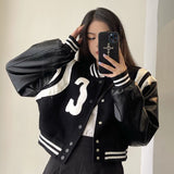 Yipinpay Black Baseball Jacket Women Autumn College Leather Patchwork Gothic Long Sleeve Loose Cropped Jacket Korean Streetwear