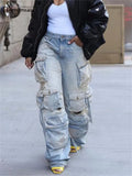 Yipinpay Simenual 2000s Aesthetics Multi Pockets Loose Denim Long Pants Casual Grunge Punk Holes Straight Trousers Y2K Streetwear Jeans