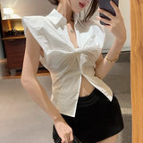 Yipinpay Sleeveless Shirts Women French Style Chic Elegant Turn Down Collar Split Summer Fashion Blouse Sexy Ladies Crop Tops