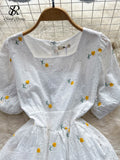 Yipinpay Fashion Sweet Long Sundress Women Square Collar Short Puff Sleeves Embroidery Floral Ruched Zipper Beach Style Dress