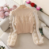 Yipinpay High Collar Sweaters Jumper Pink Twists Sweater Bubble Sleeves Sweet Flowers Knitted Tops Sueter Mujer Chiffon Shirt Chic